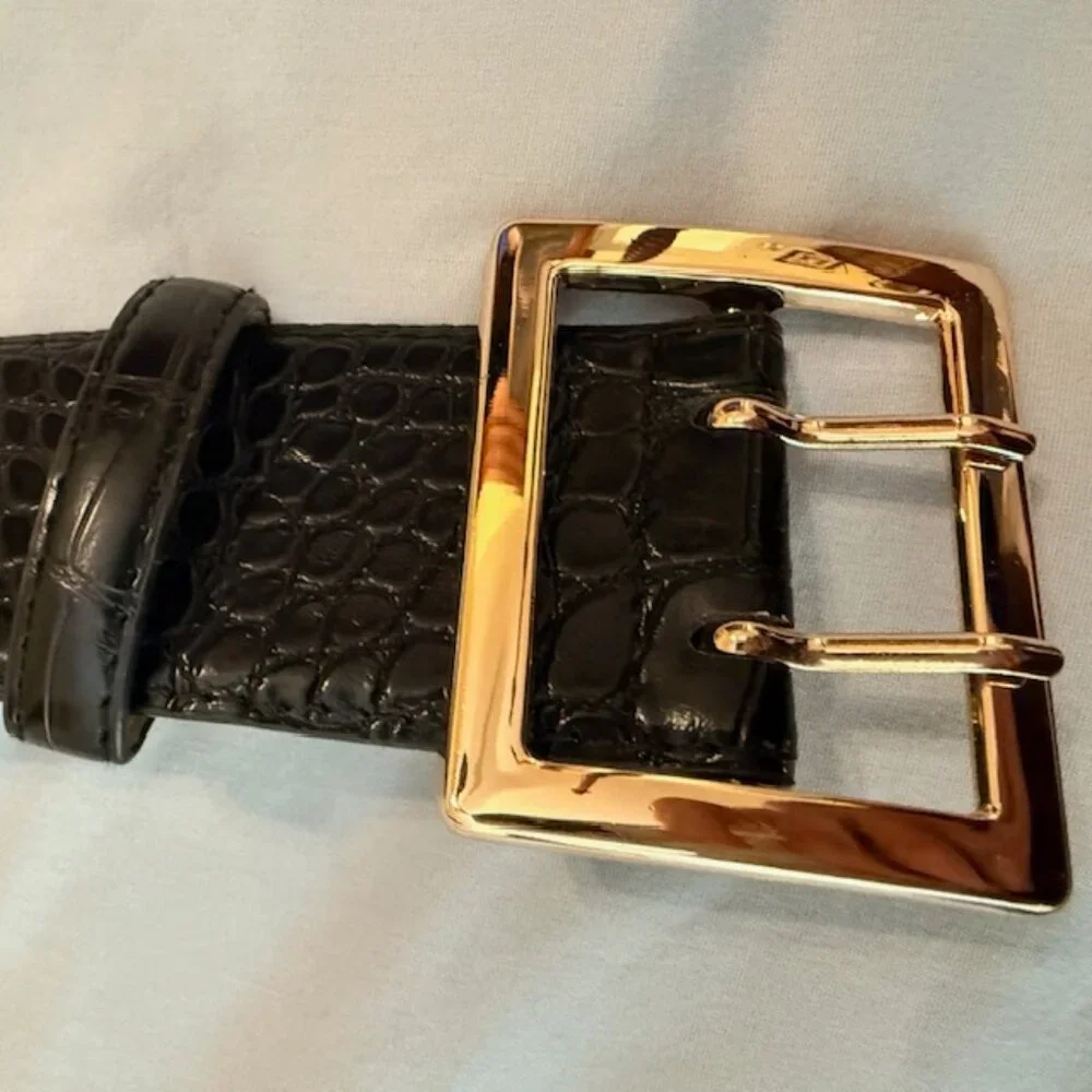 Risantry Wide Black Belt with Crocodile-Embossed Texture